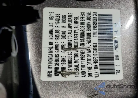 2012 Honda Civic Lx from USA, damaged, VIN 19XFB2F51CE381873
